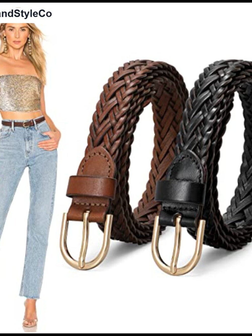 Braided Leather Belt 2 Pack Skinny Full Grain Leather Woven Waist Belt for